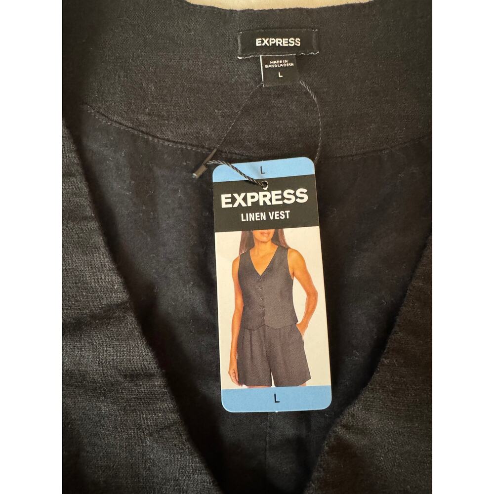 Express Womens Large Black Linen Editor Vest Button Front Career Office NWT
